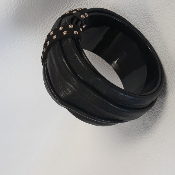 Black Leather Bangle Bracelet/ 90's/Handcrafted/ Statement Bracelet - Picture 15 of 16